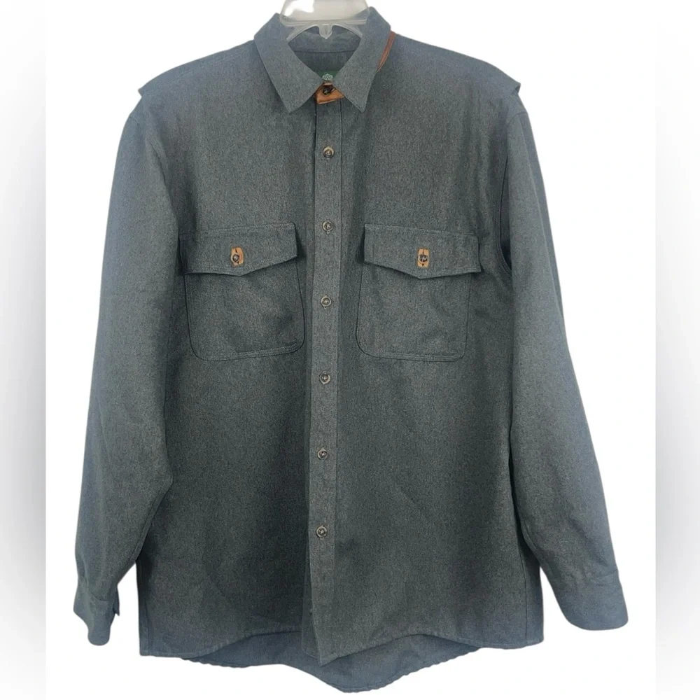 Schnees rifleman flannel shacket in grey w/leather trim collar. Size large GUC - Picture 7 of 11